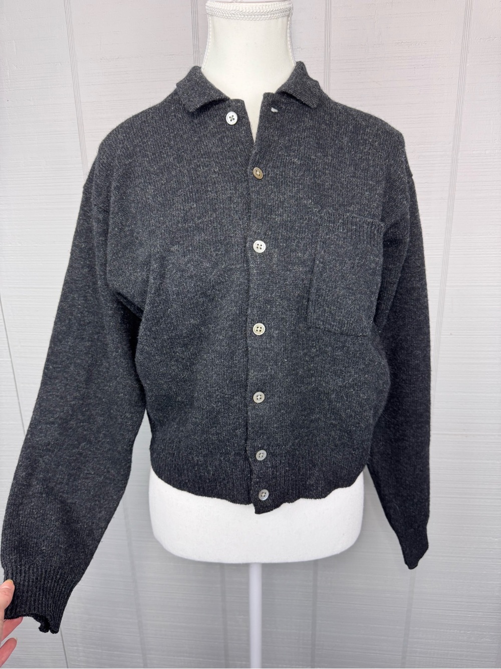 Vintage Ralph Lauren Gray 100% Lambswool Knit Collared Button Up Cardigan S